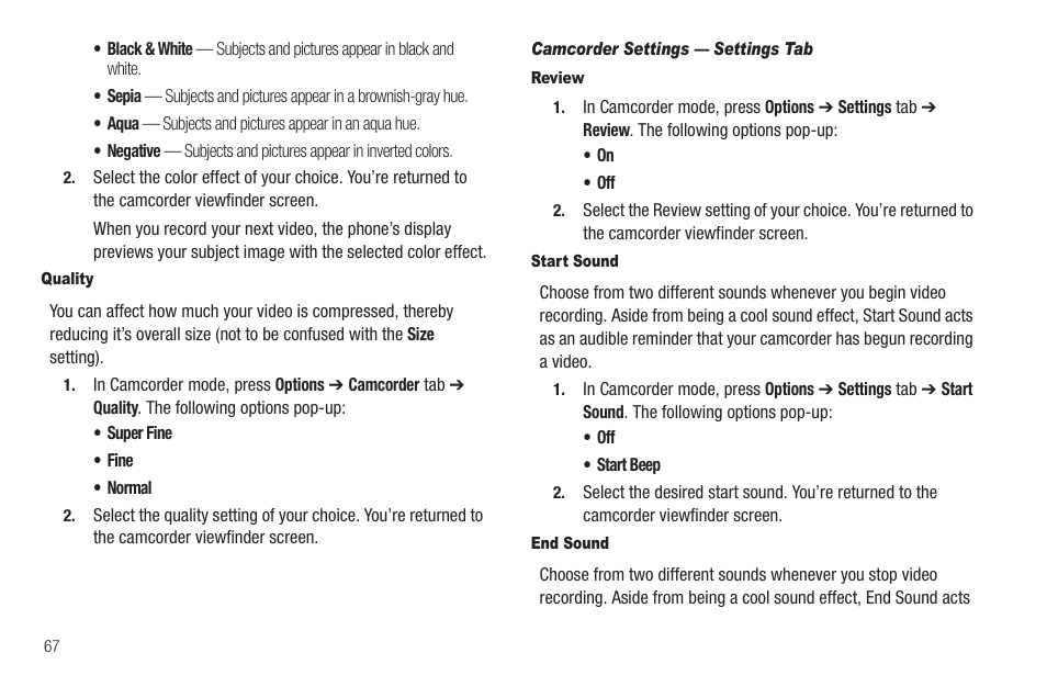 Quality, Camcorder settings — settings tab, Review | Start sound, End sound | Samsung SCH-R630LBAUSC User Manual | Page 70 / 139