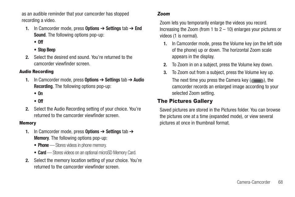 Audio recording, Memory, Zoom | The pictures gallery | Samsung SCH-R630LBAUSC User Manual | Page 71 / 139