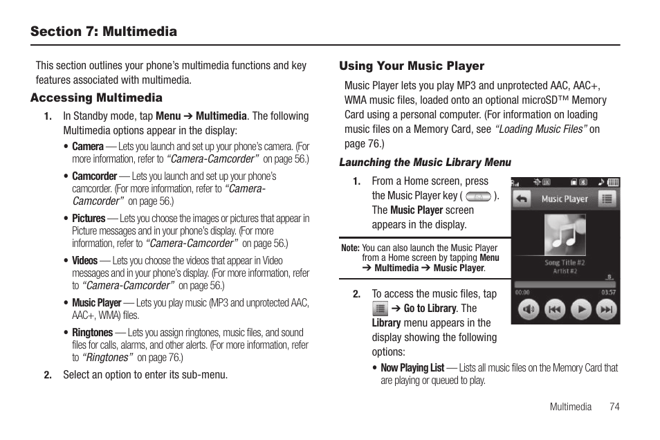 Section 7: multimedia, Accessing multimedia, Using your music player | Launching the music library menu, Accessing multimedia using your music player | Samsung SCH-R630LBAUSC User Manual | Page 77 / 139