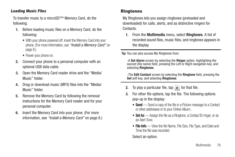 Loading music files, Ringtones | Samsung SCH-R630LBAUSC User Manual | Page 79 / 139