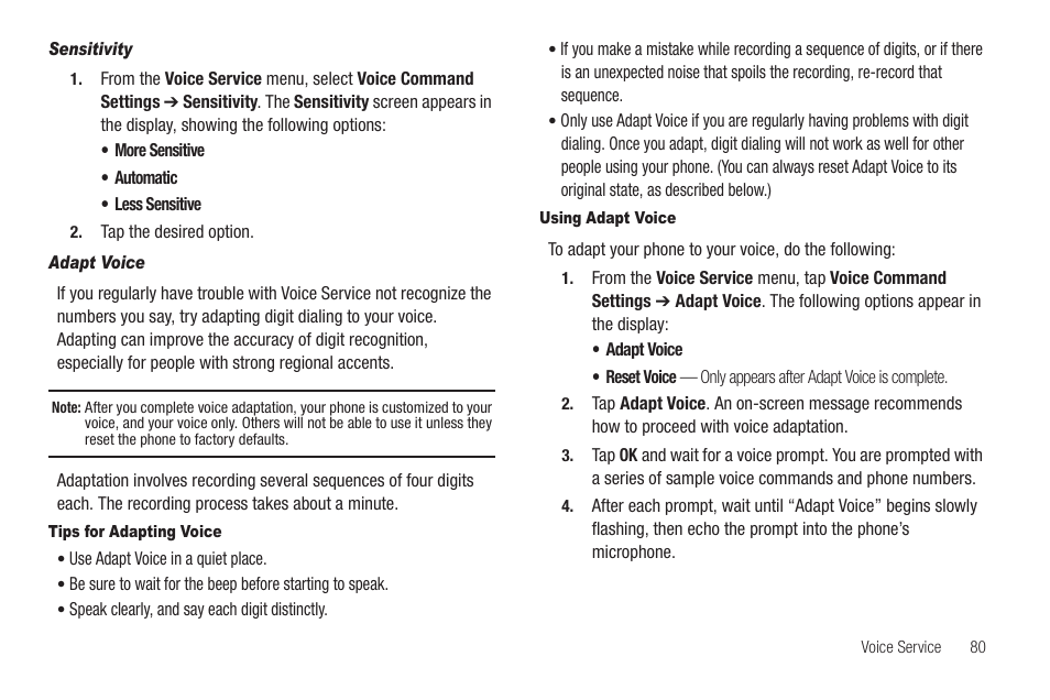 Sensitivity, Adapt voice, Tips for adapting voice | Using adapt voice | Samsung SCH-R630LBAUSC User Manual | Page 83 / 139