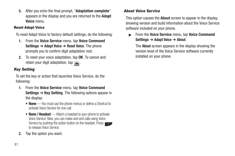 Reset adapt voice, Key setting, About voice service | Samsung SCH-R630LBAUSC User Manual | Page 84 / 139