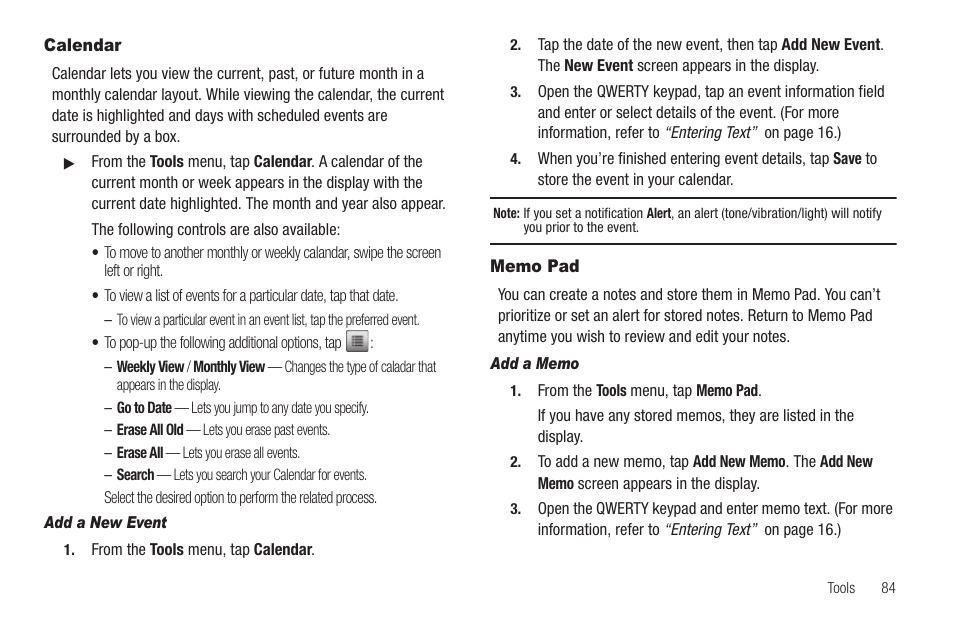 Calendar, Add a new event, Memo pad | Add a memo, Calendar memo pad | Samsung SCH-R630LBAUSC User Manual | Page 87 / 139