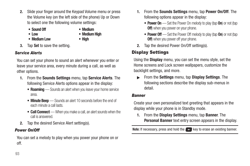 Service alerts, Power on/off, Display settings | Banner | Samsung SCH-R630LBAUSC User Manual | Page 96 / 139