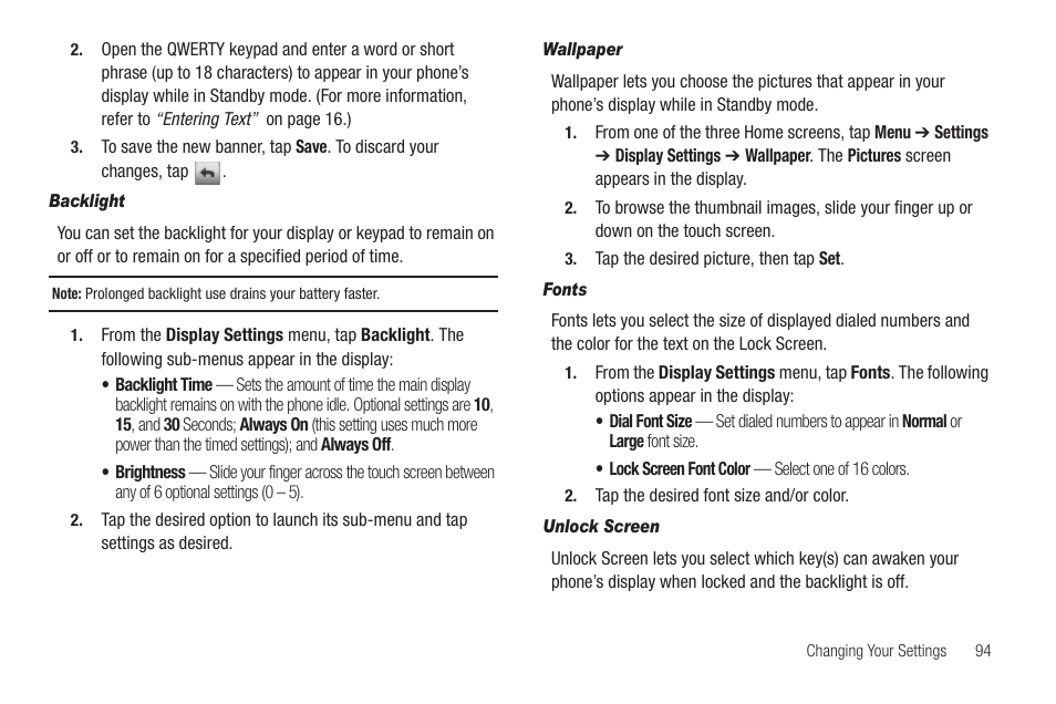 Backlight, Wallpaper, Fonts | Unlock screen | Samsung SCH-R630LBAUSC User Manual | Page 97 / 139