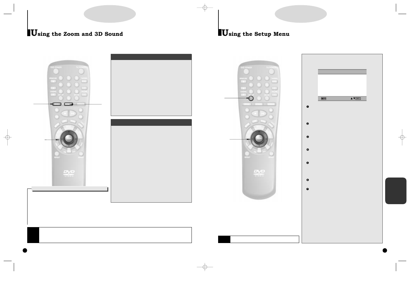 Changing setup menu, Using the zoom and 3d sound, Using the setup menu | A a 2,3,b 2,3,b | Samsung DVD-C600-XAA User Manual | Page 16 / 22