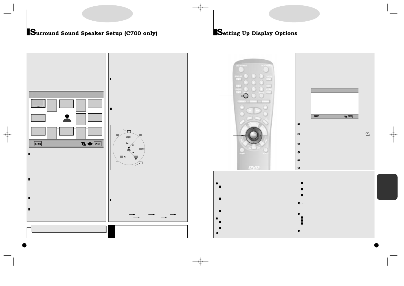 Surround sound speaker setup (c700 only), Setting up display options, Etting up display options | Urround sound speaker setup (c700 only) | Samsung DVD-C600-XAA User Manual | Page 19 / 22
