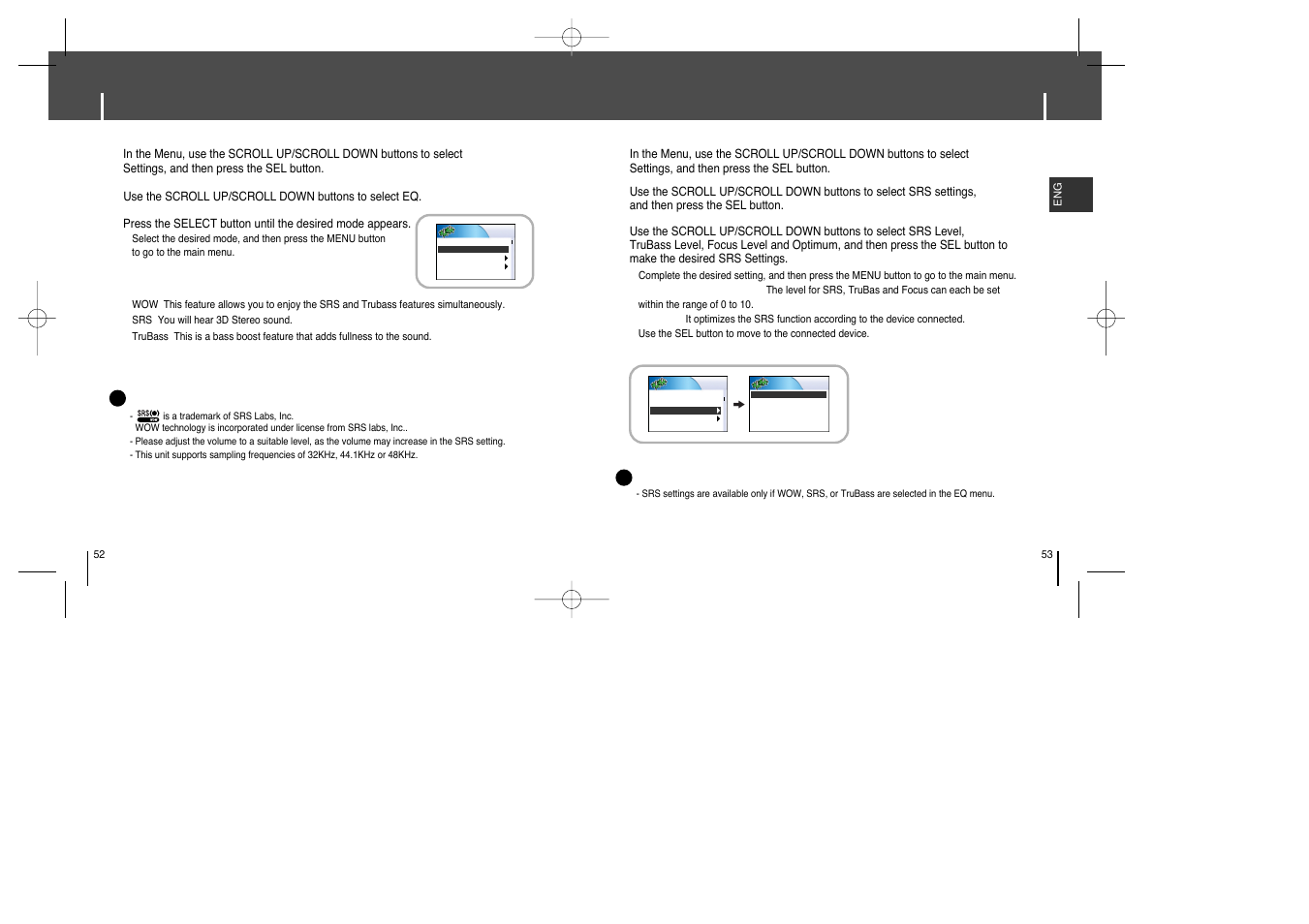 Equalizer settings, Srs settings, Recording settings | Backlight settings, Contrast settings | Samsung YH-925GS-XAP User Manual | Page 27 / 33