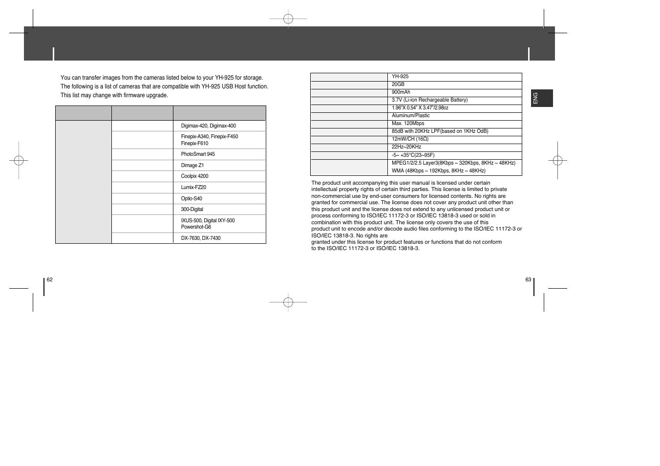 Usb host compatible, Specifications, Specifications usb host compatible | Samsung YH-925GS-XAP User Manual | Page 32 / 33