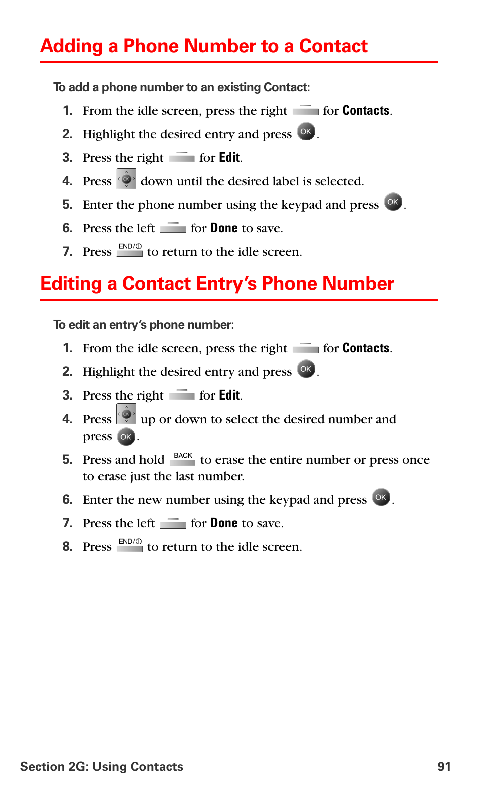 Adding a phone number to a contact, Editing a contact entry’s phone number | Samsung SPH-A790ZKSXAR User Manual | Page 100 / 241