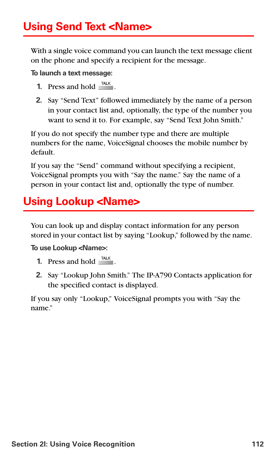 Using send text <name, Using lookup <name | Samsung SPH-A790ZKSXAR User Manual | Page 121 / 241