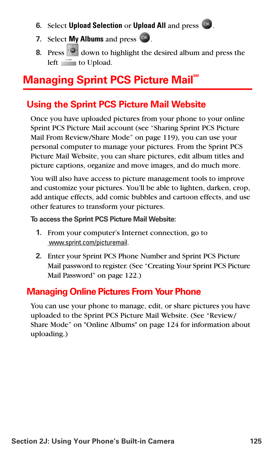 Managing sprint pcs picture mailsm, Using the sprint pcs picture mail website, Managing online pictures from your phone | Managing sprint pcs picture mail | Samsung SPH-A790ZKSXAR User Manual | Page 134 / 241