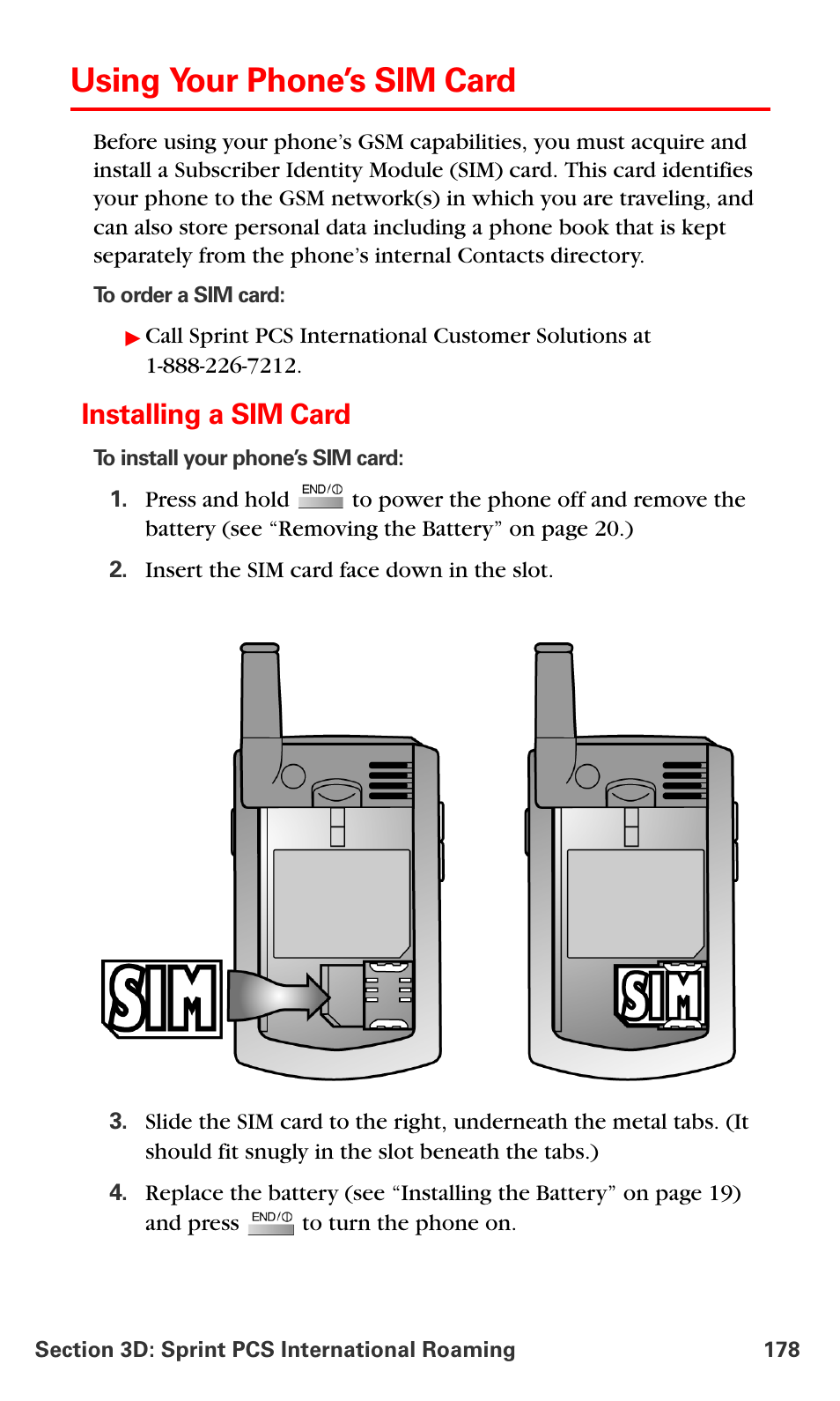 Using your phone’s sim card, Installing a sim card | Samsung SPH-A790ZKSXAR User Manual | Page 187 / 241