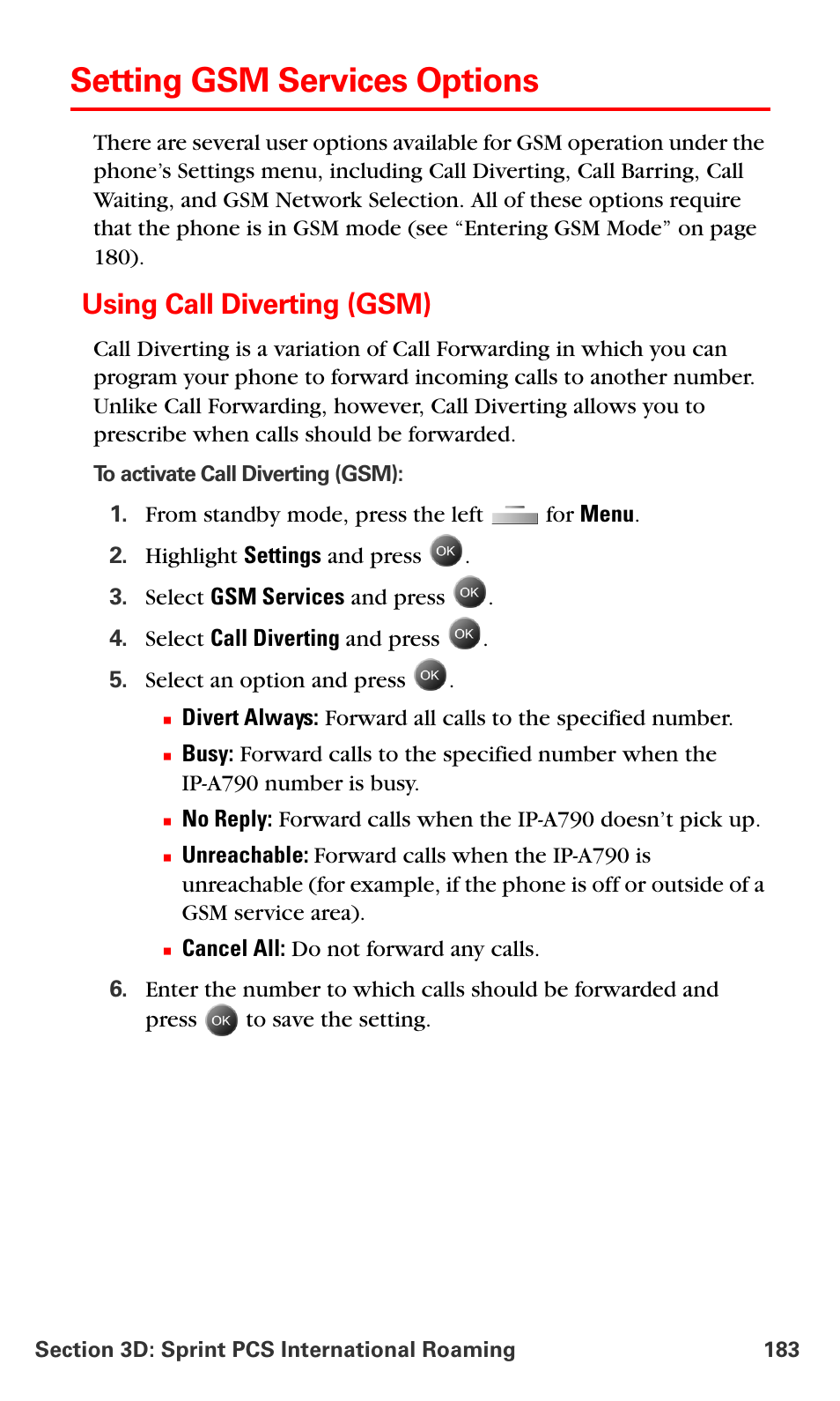 Setting gsm services options, Using call diverting (gsm) | Samsung SPH-A790ZKSXAR User Manual | Page 192 / 241