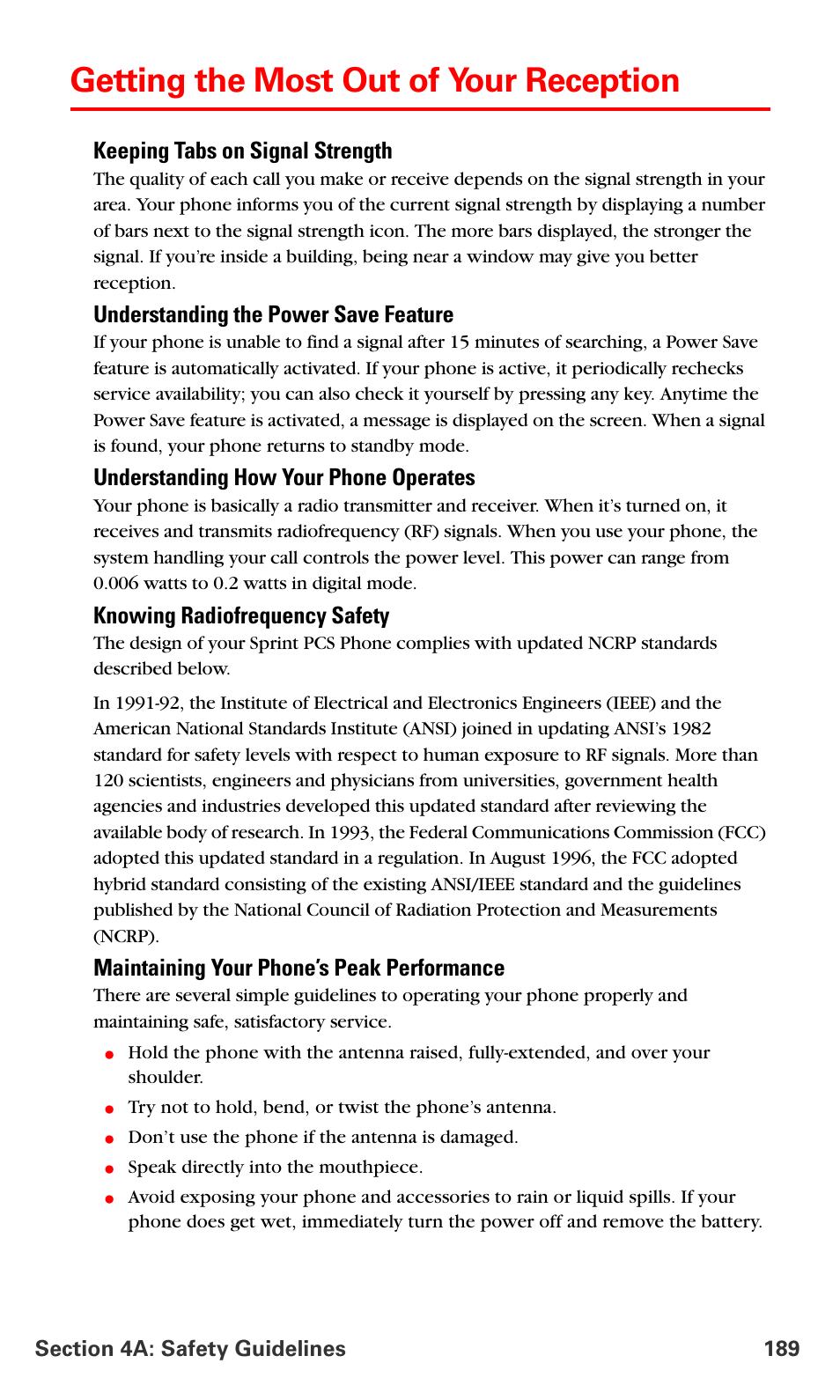 Getting the most out of your reception, Keeping tabs on signal strength, Understanding the power save feature | Understanding how your phone operates, Knowing radiofrequency safety, Maintaining your phone’s peak performance | Samsung SPH-A790ZKSXAR User Manual | Page 198 / 241