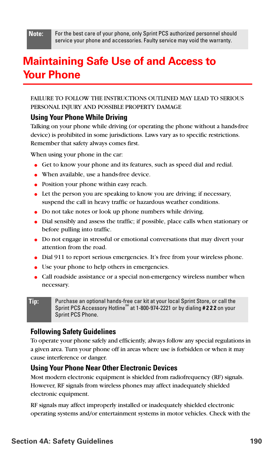 Maintaining safe use of and access to your phone, Using your phone while driving, Following safety guidelines | Using your phone near other electronic devices | Samsung SPH-A790ZKSXAR User Manual | Page 199 / 241