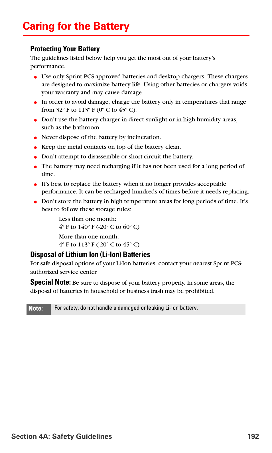 Caring for the battery, Protecting your battery, Disposal of lithium ion (li-ion) batteries | Samsung SPH-A790ZKSXAR User Manual | Page 201 / 241