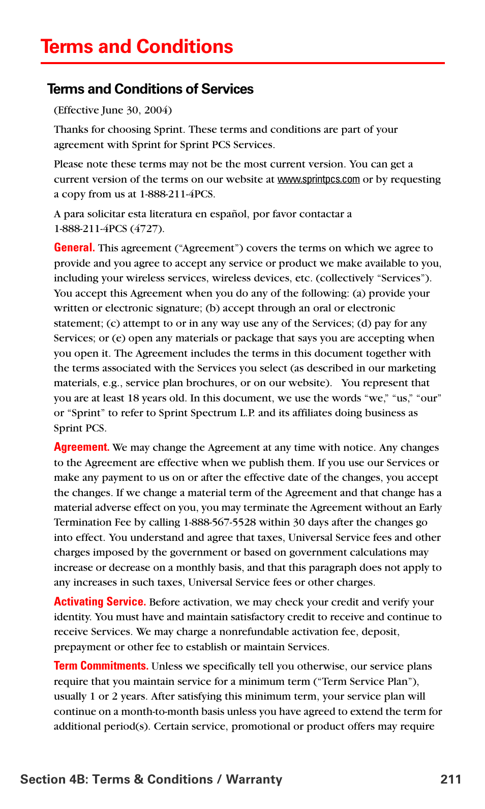 Terms and conditions, Terms and conditions of services | Samsung SPH-A790ZKSXAR User Manual | Page 220 / 241