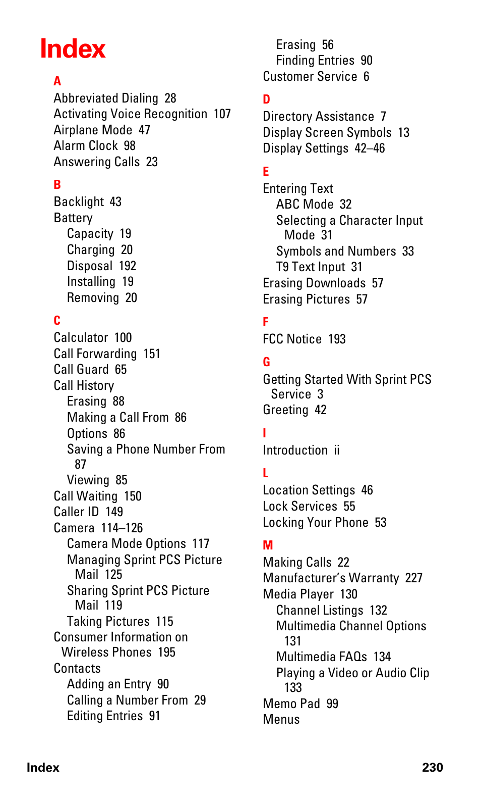 Index | Samsung SPH-A790ZKSXAR User Manual | Page 239 / 241
