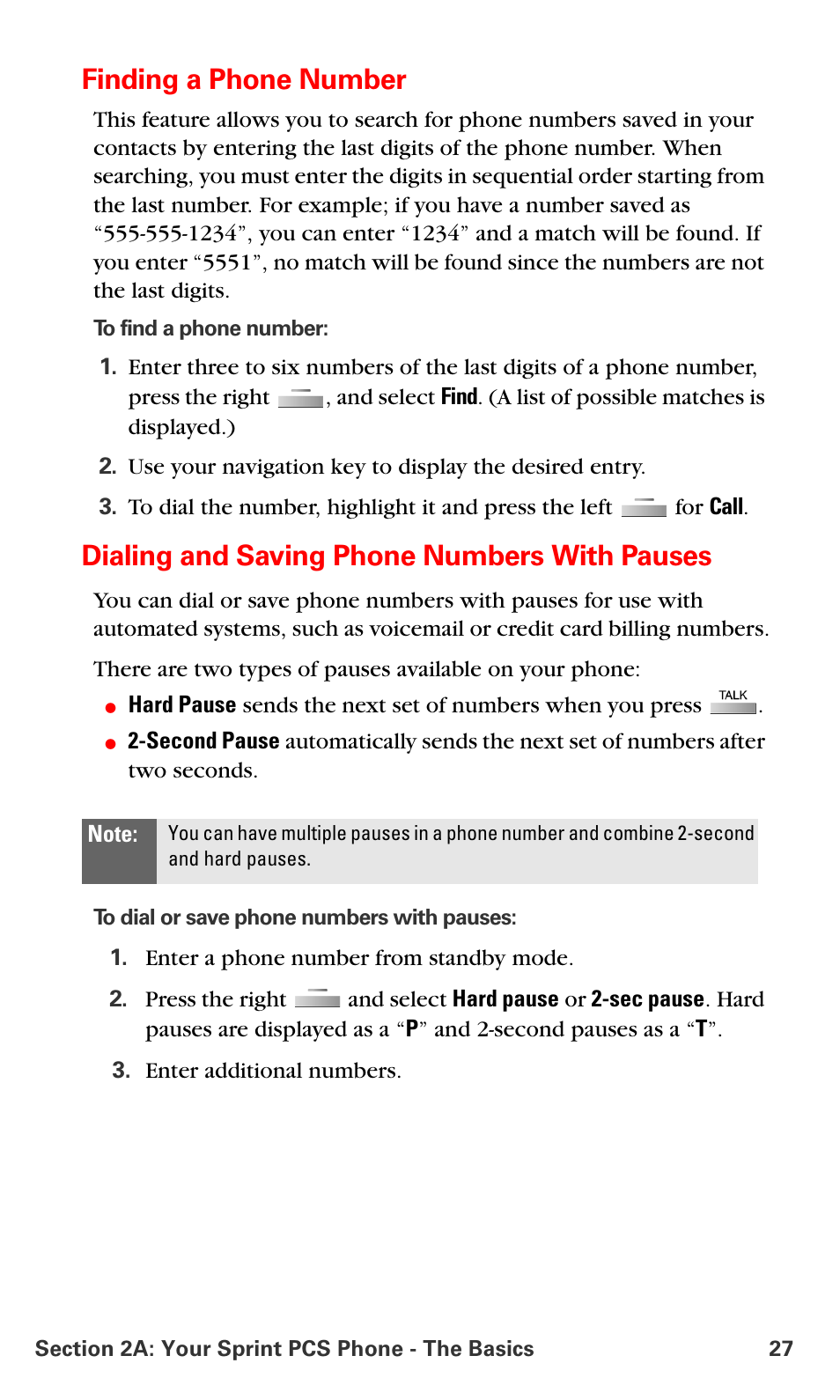 Finding a phone number, Dialing and saving phone numbers with pauses | Samsung SPH-A790ZKSXAR User Manual | Page 36 / 241