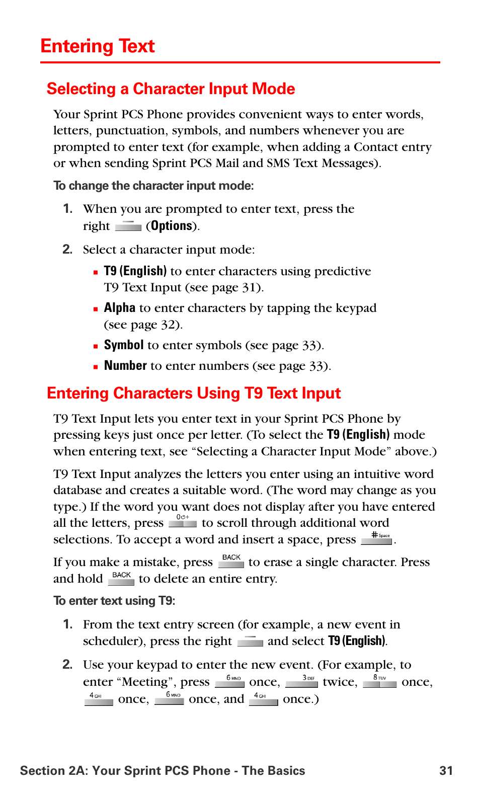 Entering text, Selecting a character input mode, Entering characters using t9 text input | Samsung SPH-A790ZKSXAR User Manual | Page 40 / 241