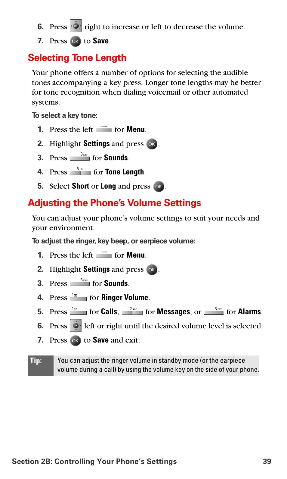 Selecting tone length, Adjusting the phone’s volume settings | Samsung SPH-A790ZKSXAR User Manual | Page 48 / 241