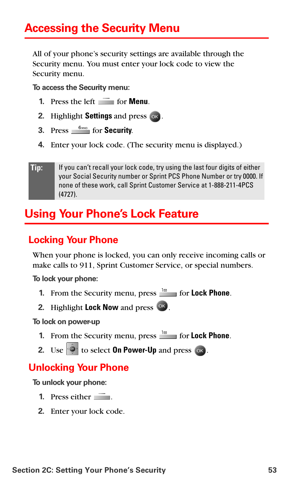 Accessing the security menu, Using your phone’s lock feature, Locking your phone | Unlocking your phone | Samsung SPH-A790ZKSXAR User Manual | Page 62 / 241