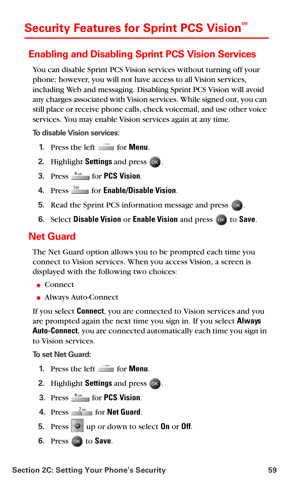 Security features for sprint pcs visionsm, Enabling and disabling sprint pcs vision services, Net guard | Security features for sprint pcs vision | Samsung SPH-A790ZKSXAR User Manual | Page 68 / 241