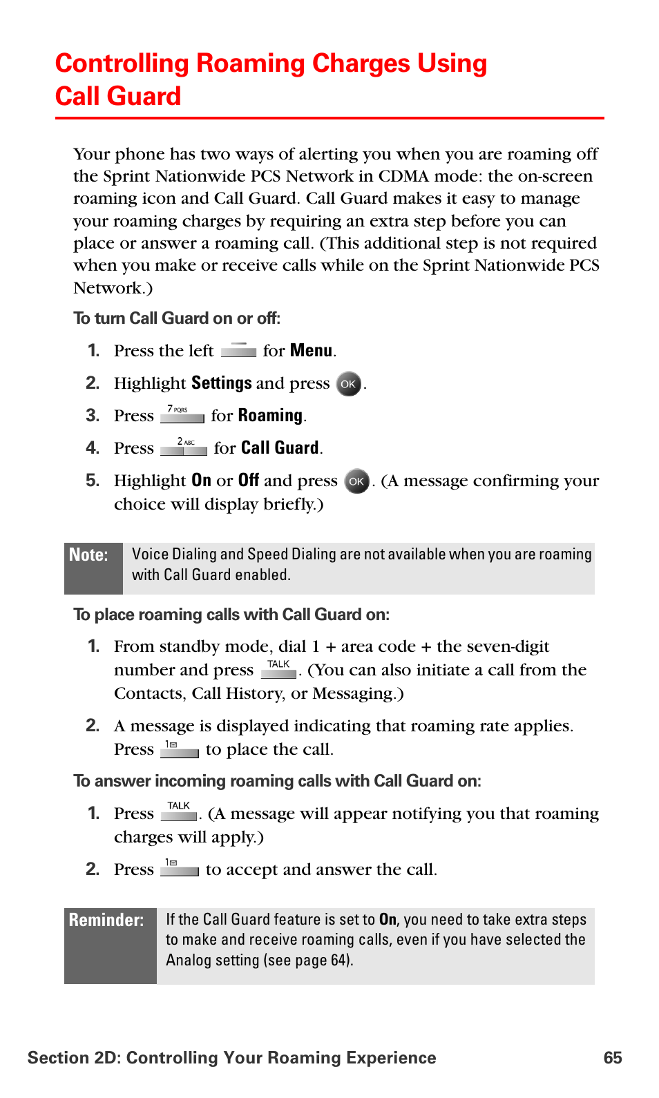 Controlling roaming charges using call guard | Samsung SPH-A790ZKSXAR User Manual | Page 74 / 241