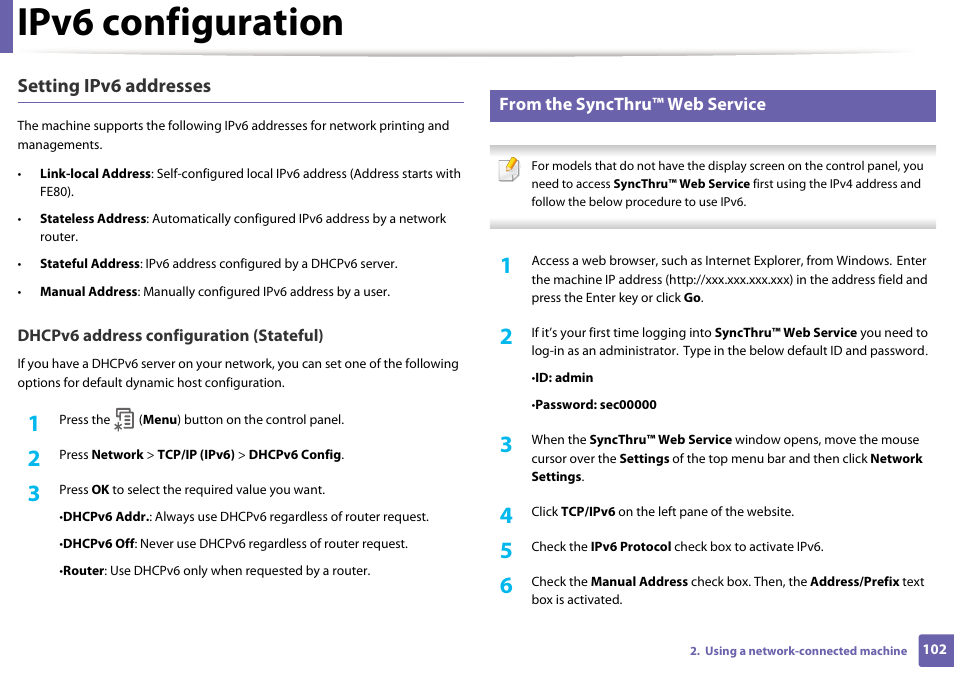 Ipv6 configuration, Setting ipv6 addresses | Samsung ML-2165W-XAC User Manual | Page 102 / 211