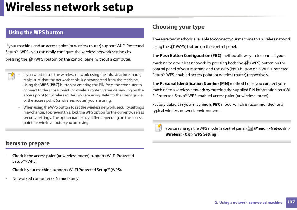 Wireless network setup, Items to prepare, Choosing your type | Using the wps button | Samsung ML-2165W-XAC User Manual | Page 107 / 211