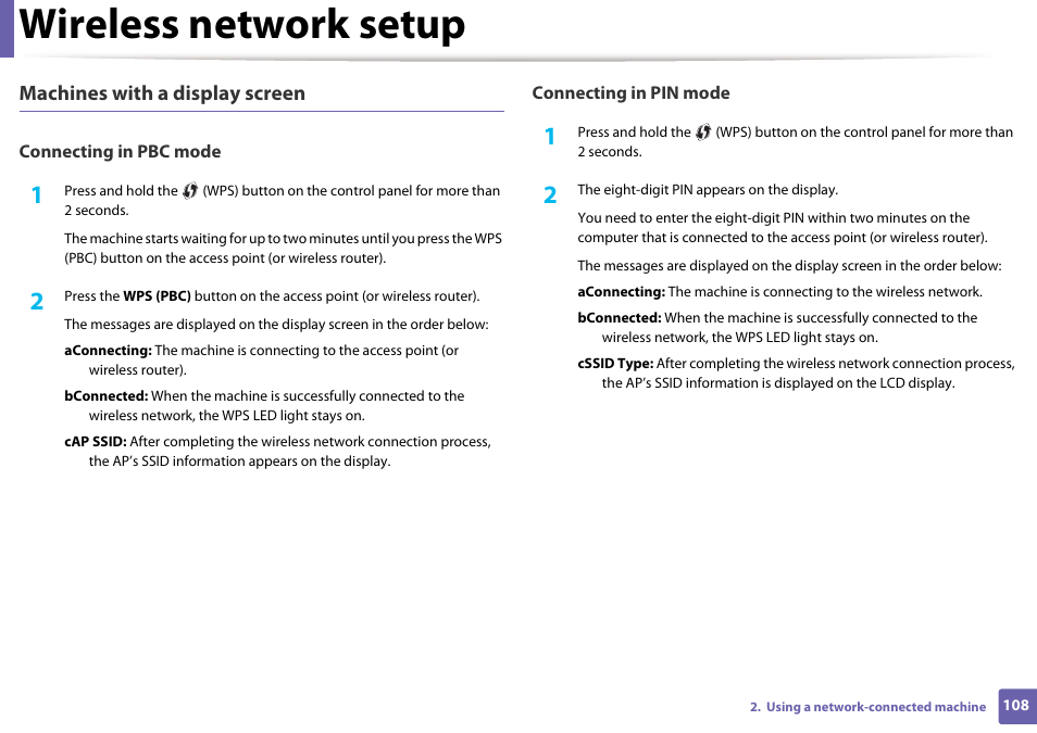 Wireless network setup, Machines with a display screen | Samsung ML-2165W-XAC User Manual | Page 108 / 211