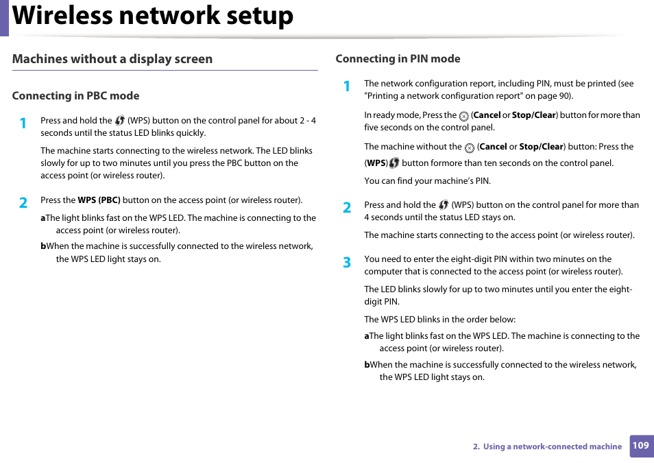 Wireless network setup, Machines without a display screen | Samsung ML-2165W-XAC User Manual | Page 109 / 211