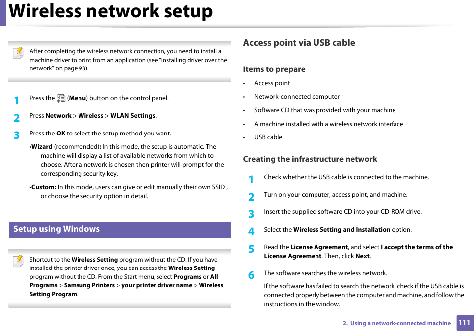 Wireless network setup, Access point via usb cable | Samsung ML-2165W-XAC User Manual | Page 111 / 211