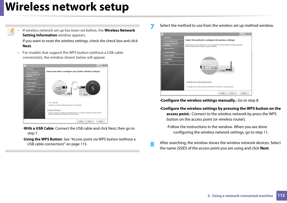 Wireless network setup | Samsung ML-2165W-XAC User Manual | Page 112 / 211