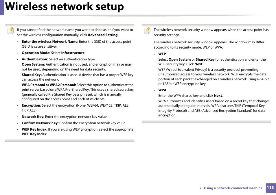 Wireless network setup | Samsung ML-2165W-XAC User Manual | Page 113 / 211