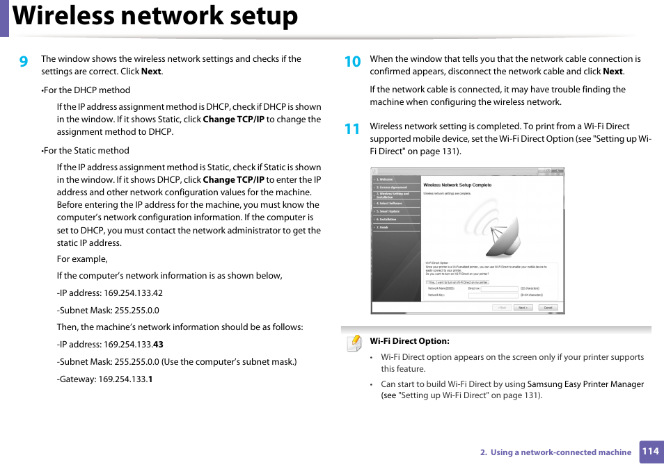 Wireless network setup | Samsung ML-2165W-XAC User Manual | Page 114 / 211