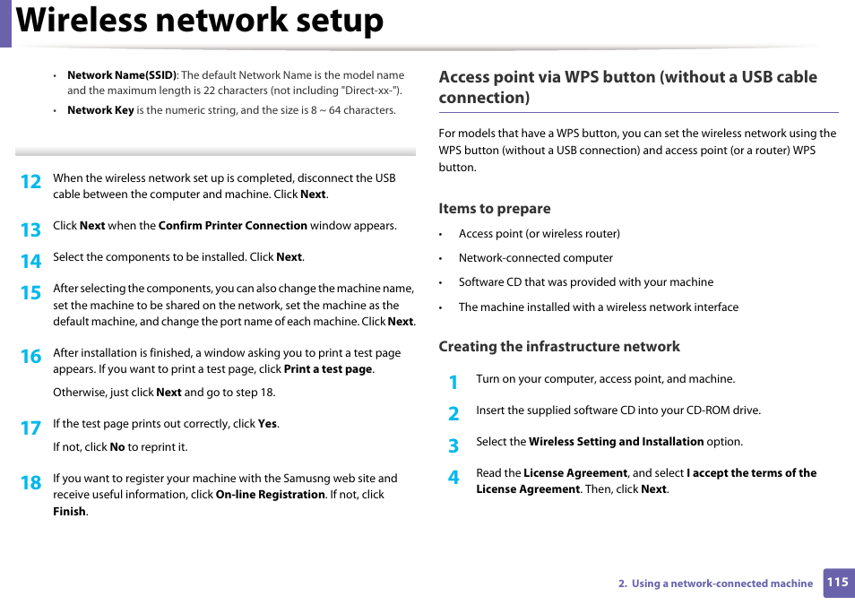 Wireless network setup | Samsung ML-2165W-XAC User Manual | Page 115 / 211