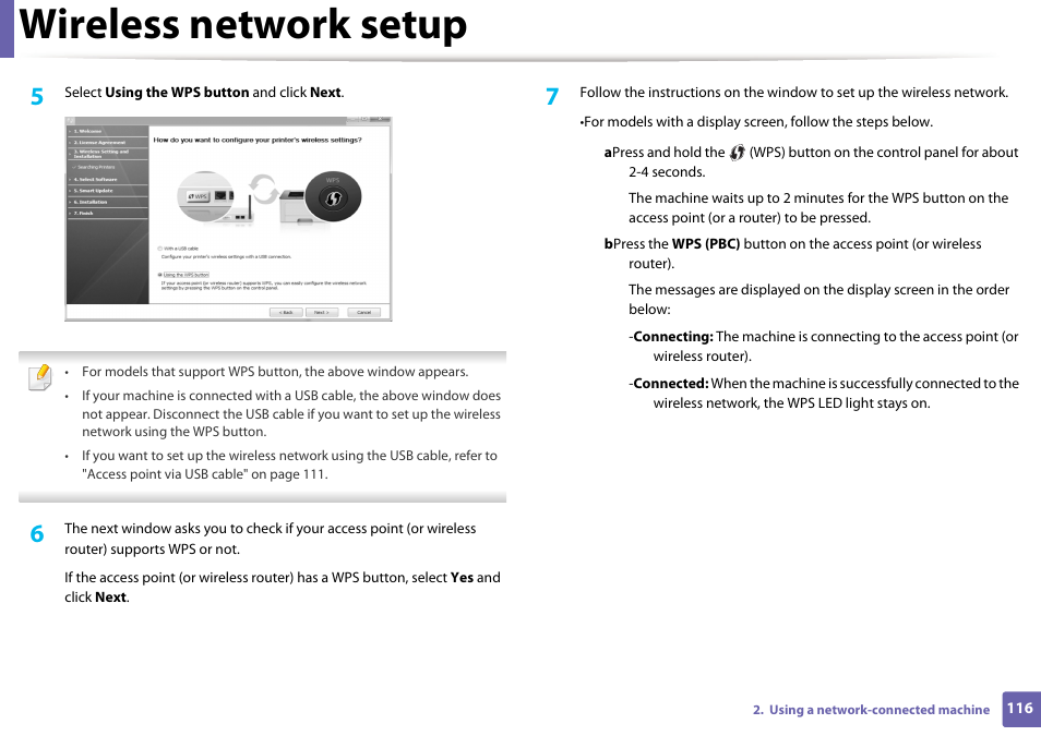 Wireless network setup | Samsung ML-2165W-XAC User Manual | Page 116 / 211