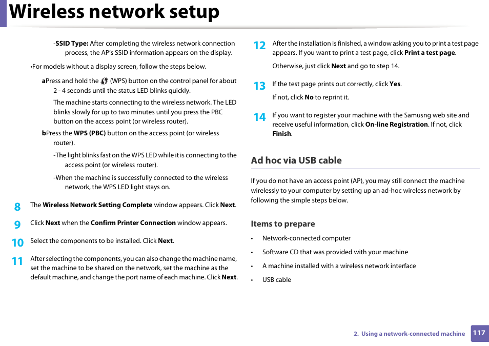 Wireless network setup, Ad hoc via usb cable | Samsung ML-2165W-XAC User Manual | Page 117 / 211