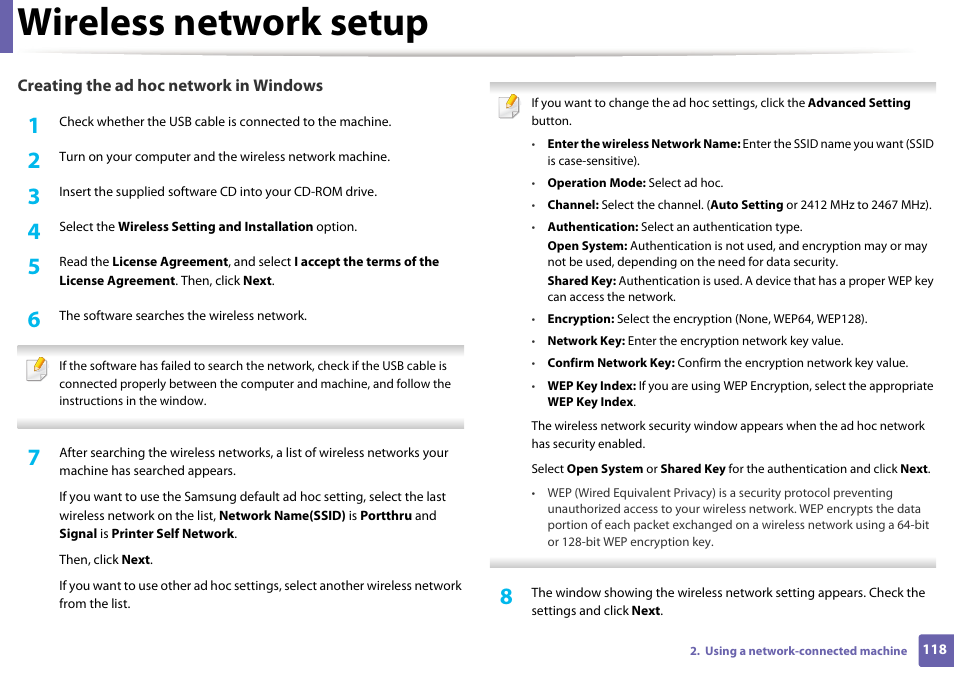 Wireless network setup | Samsung ML-2165W-XAC User Manual | Page 118 / 211