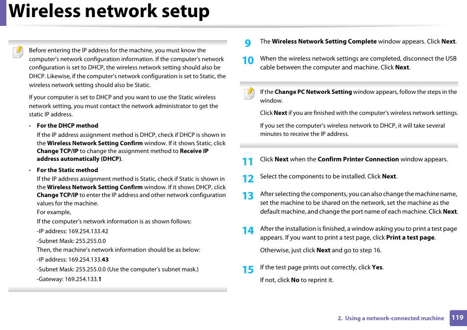 Wireless network setup | Samsung ML-2165W-XAC User Manual | Page 119 / 211