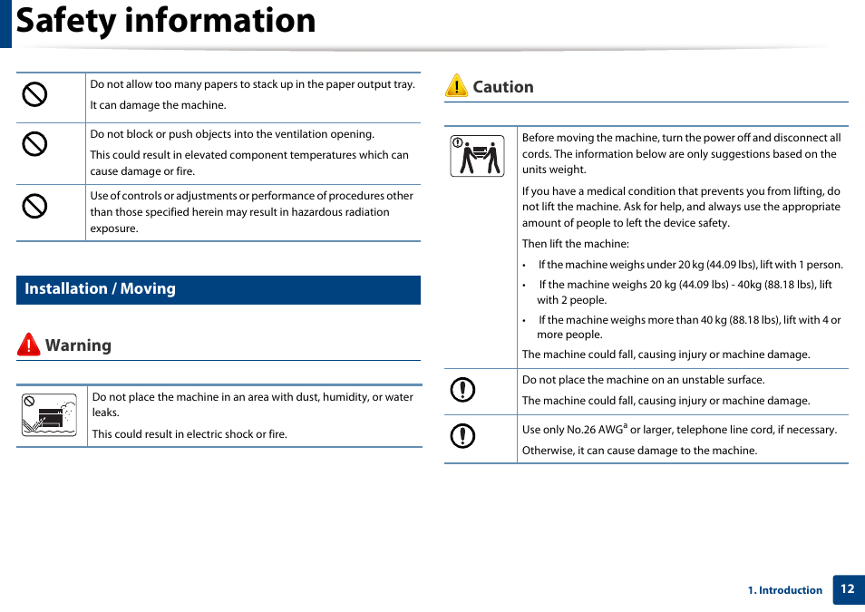 Safety information, Warning caution, Installation / moving | Samsung ML-2165W-XAC User Manual | Page 12 / 211