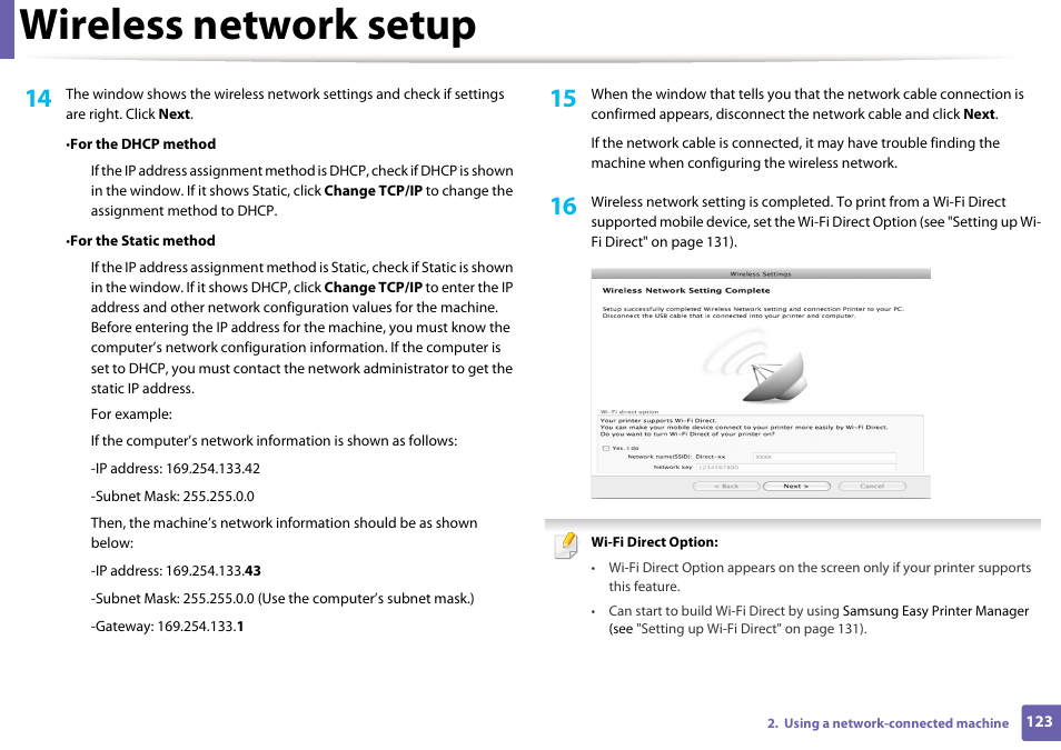 Wireless network setup | Samsung ML-2165W-XAC User Manual | Page 123 / 211
