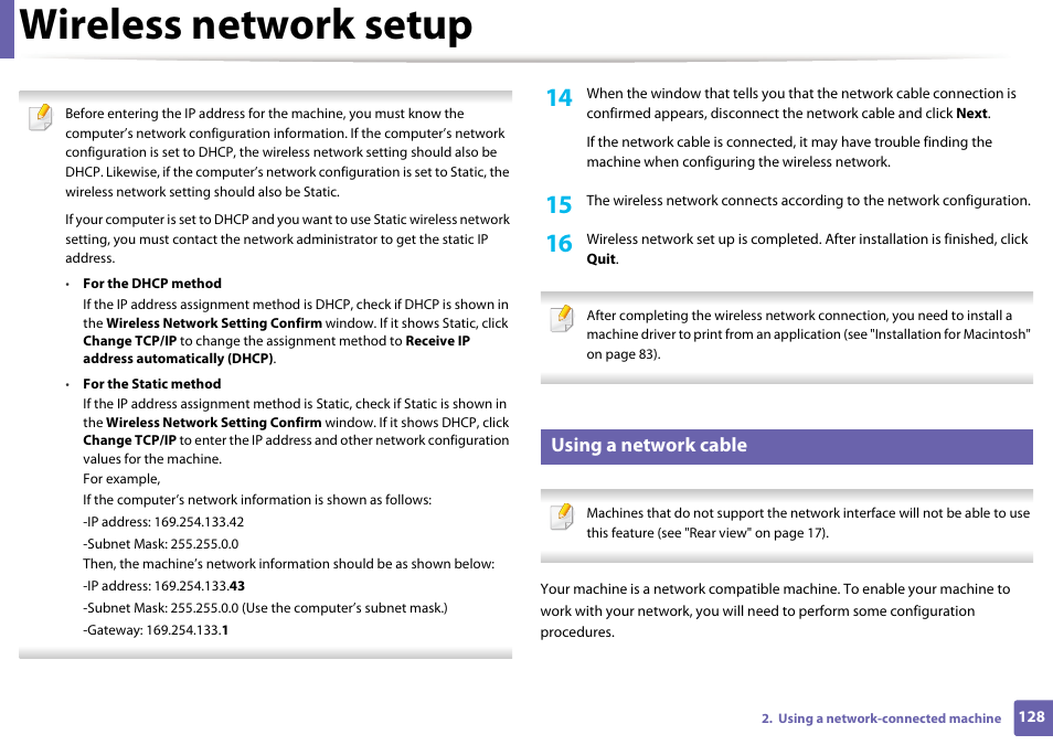 Wireless network setup, Using a network cable | Samsung ML-2165W-XAC User Manual | Page 128 / 211