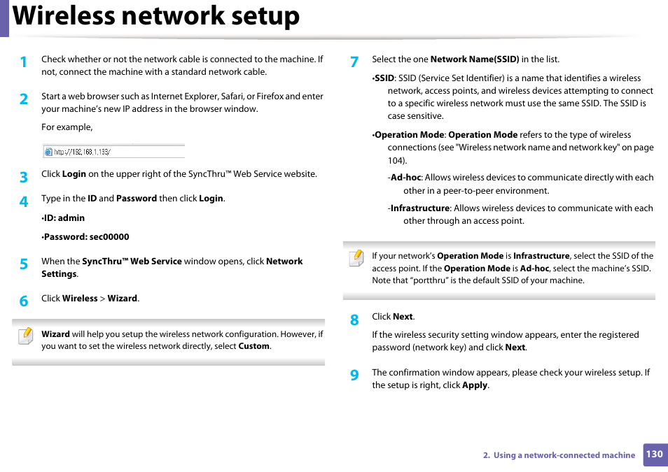 Wireless network setup | Samsung ML-2165W-XAC User Manual | Page 130 / 211