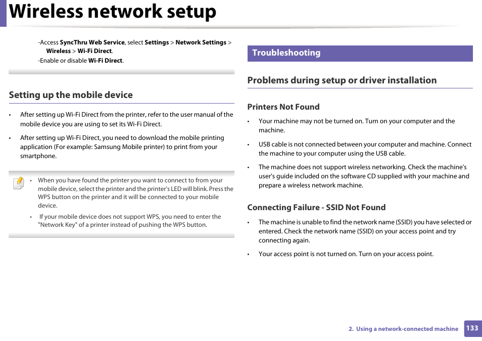 Wireless network setup, Setting up the mobile device, Problems during setup or driver installation | Troubleshooting | Samsung ML-2165W-XAC User Manual | Page 133 / 211