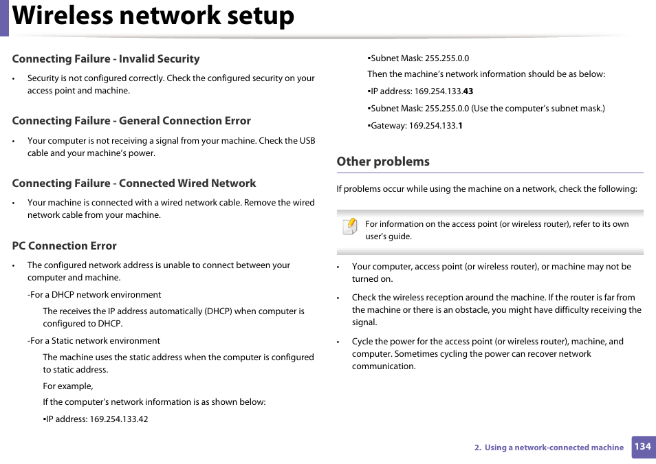 Wireless network setup, Other problems | Samsung ML-2165W-XAC User Manual | Page 134 / 211