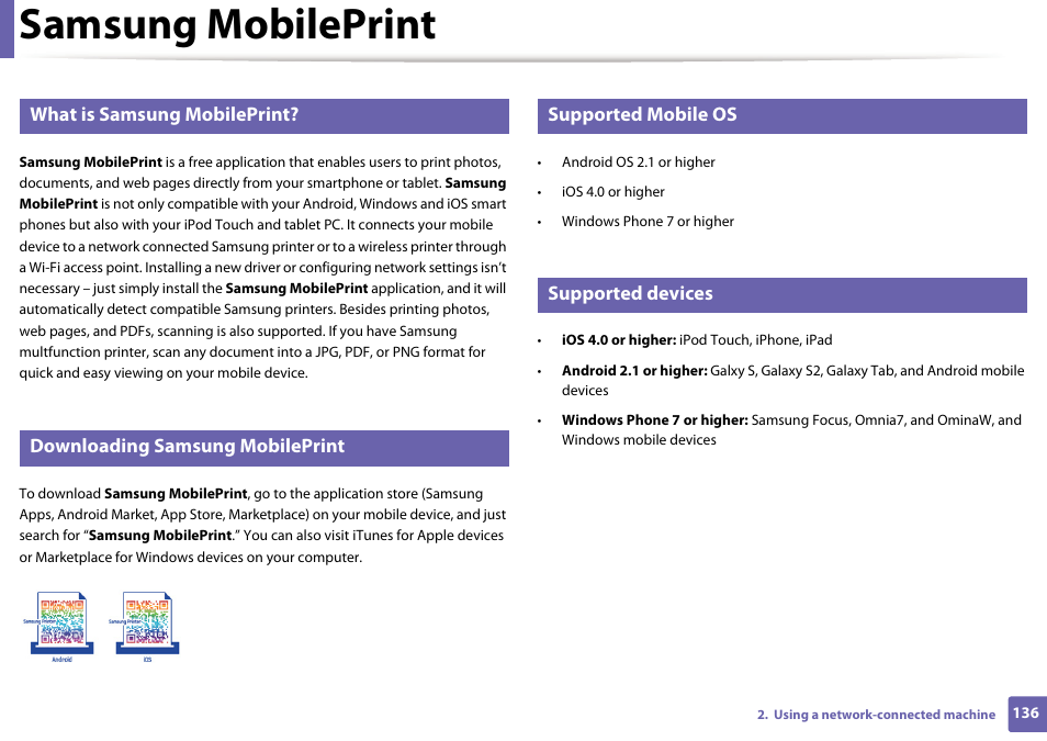 Samsung mobileprint, What is samsung mobileprint, Downloading samsung mobileprint | Supported mobile os, Supported devices | Samsung ML-2165W-XAC User Manual | Page 136 / 211