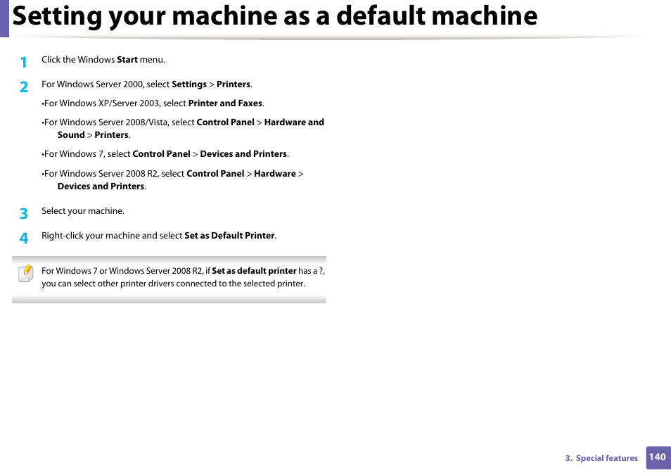 Setting your machine as a default machine | Samsung ML-2165W-XAC User Manual | Page 140 / 211